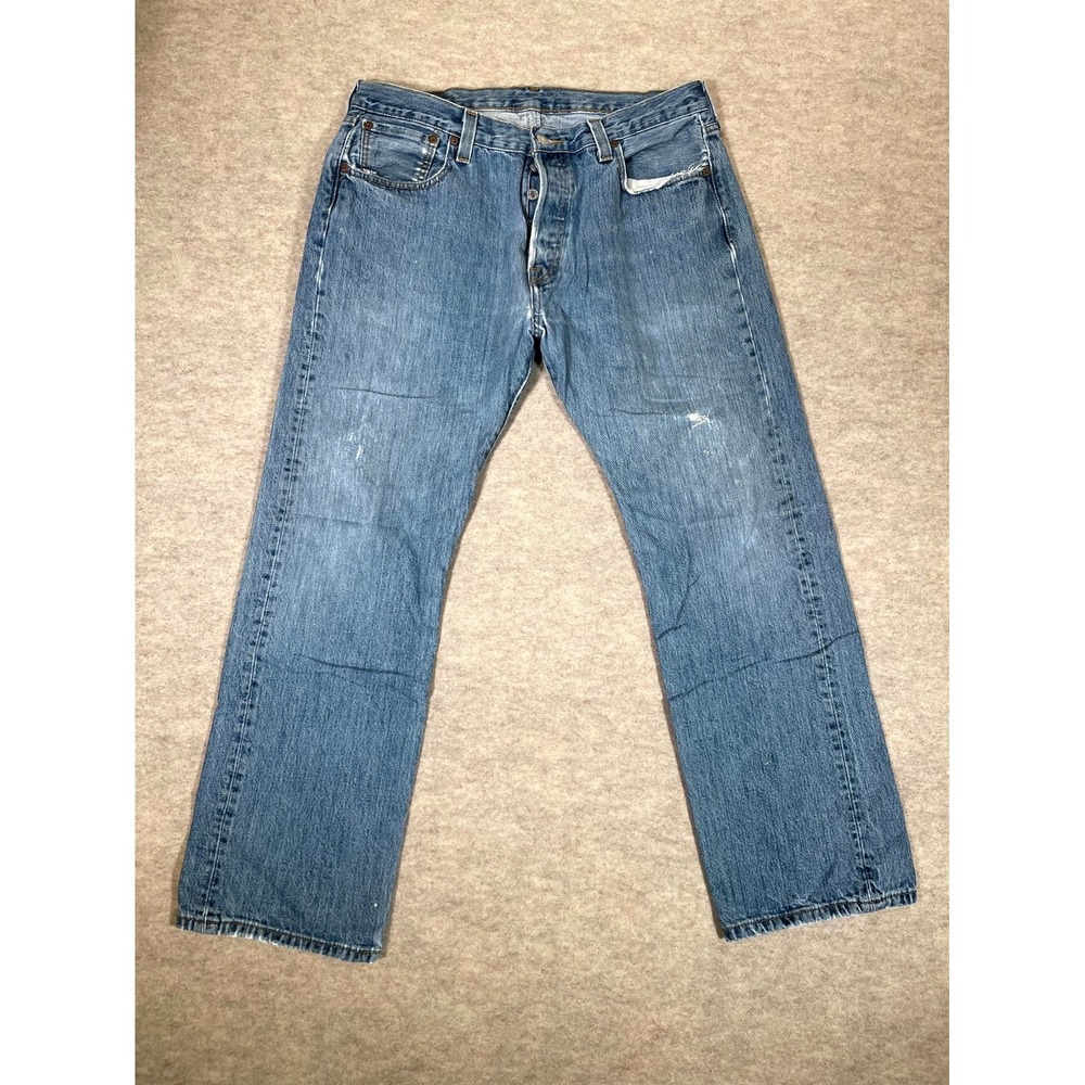 Levis 501 Original Fit Straight Jeans Mens 35x32 Blue Denim Logo Cotton Mid Rise